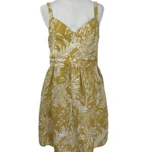 Tahari Linen Sundress Mustard Yellow Botanical Print Smocked Back Size 6